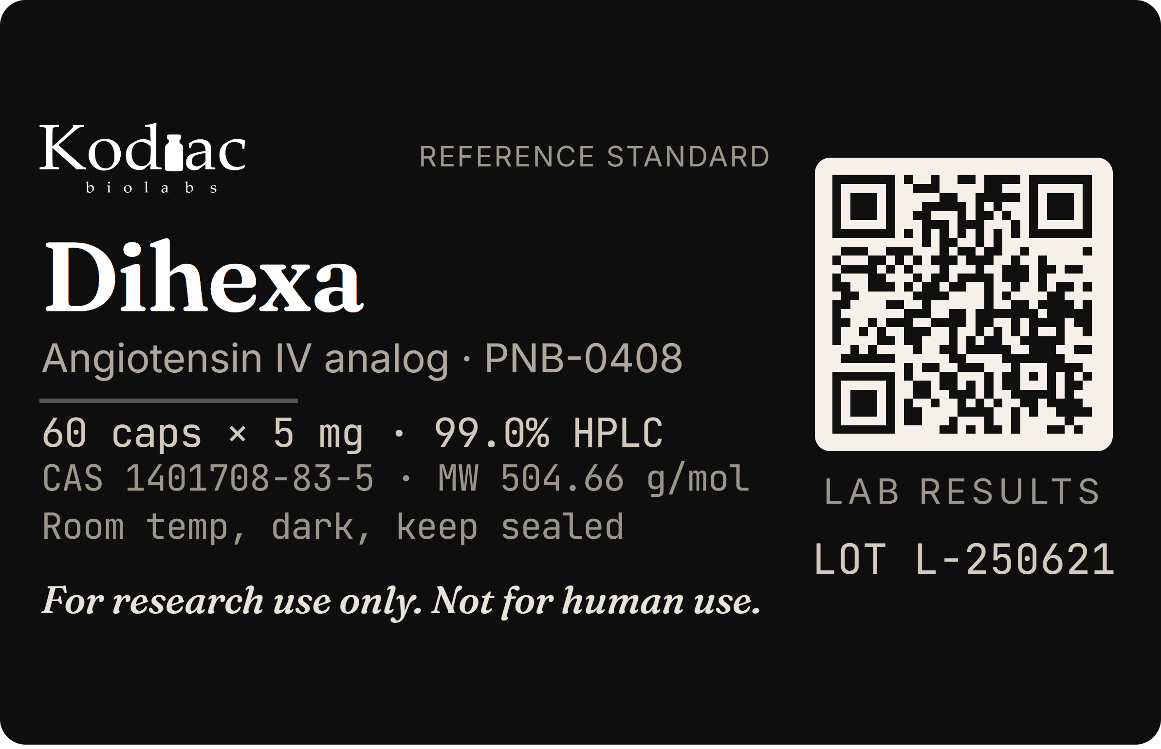 Dihexa label, Kodiac biolabs